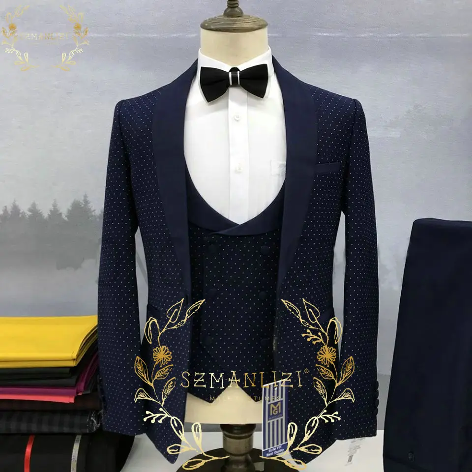 

SZMANLIZI Custom Made Navy Blue Dots Groom Suits For Wedding 3 Pieces Tuxedos Slim Fit Prom Formal Male Marriage Suits For Men