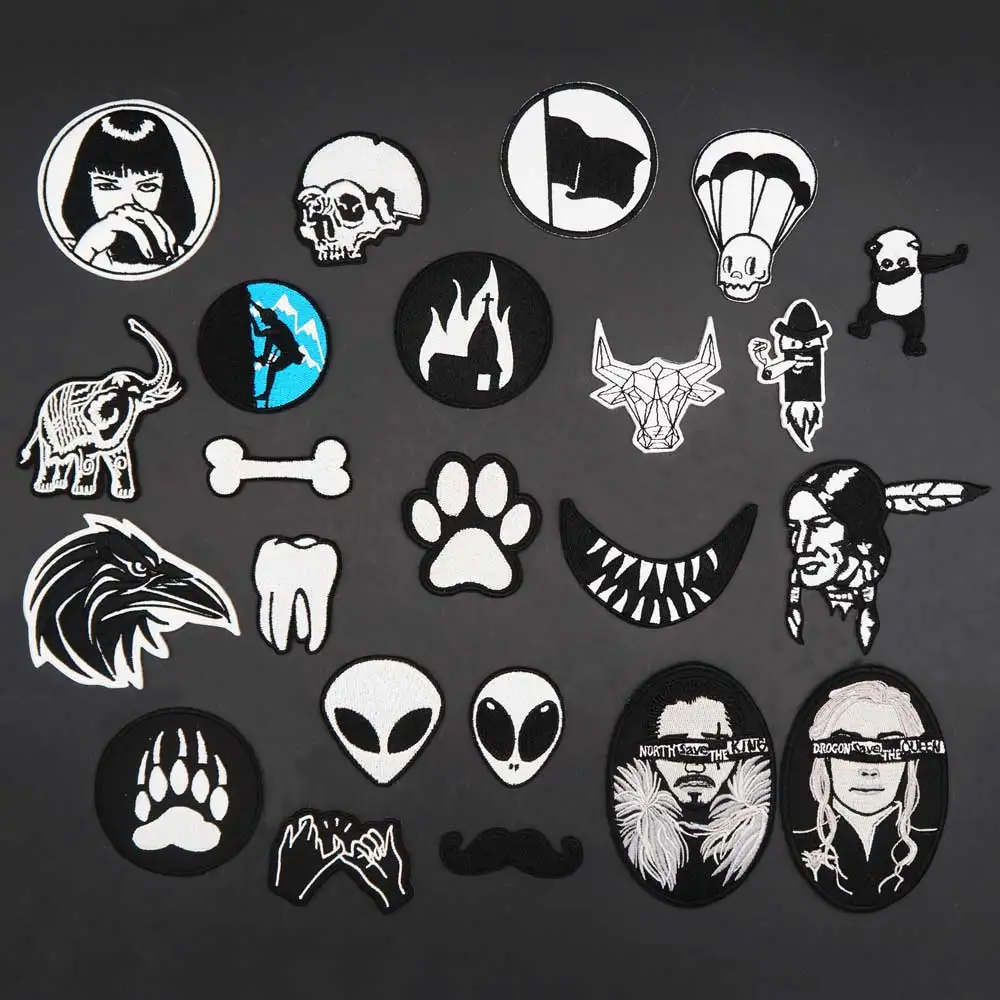 Black and White Small Skull Embroidery Punk Biker Patches Clothes Stickers Apparel Accessories Badge