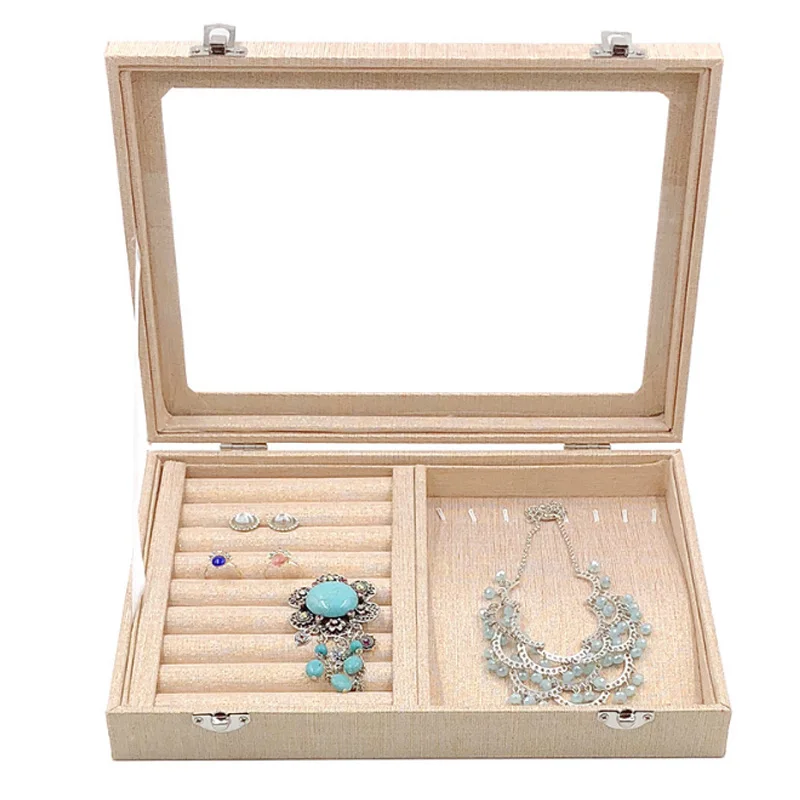 Middle Size Linen Jewelry Box Jewellery Organizer Earring Ring Storage Case Necklace Bracelet Pendant Stand with Clear Glass Lid