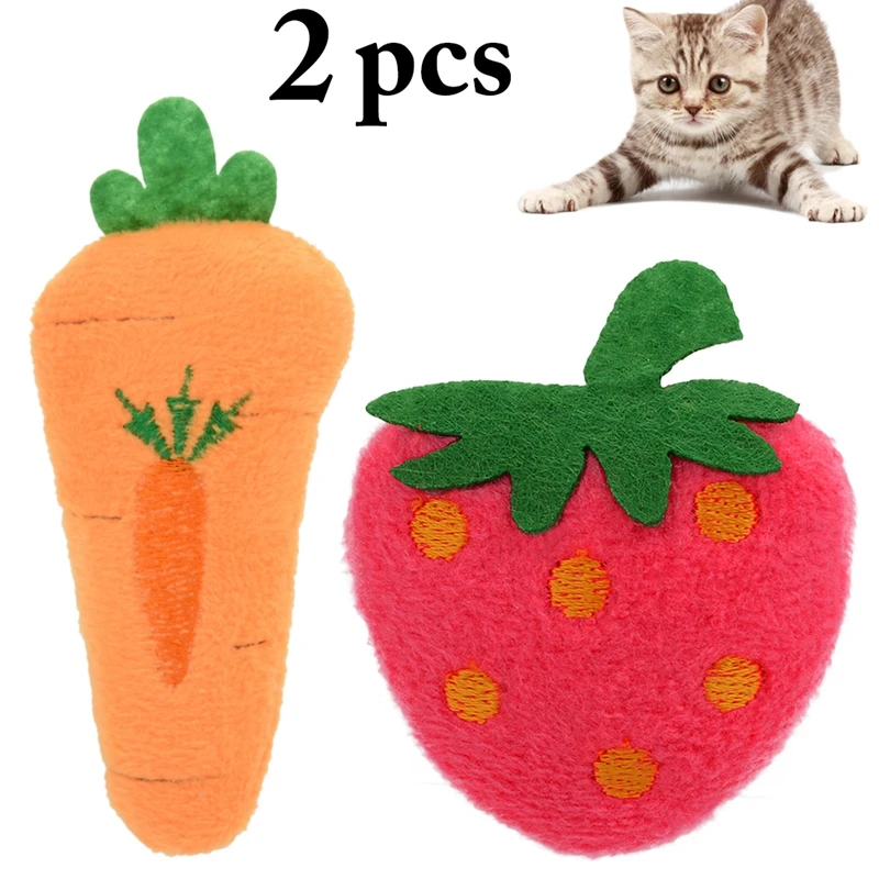 2pcs Plush Cat Toy Cute Funny Strawberry Cat Toy Interactive Pet Carrot Cats Toy Catnip Kitten Chewing Toy Claws For Cats