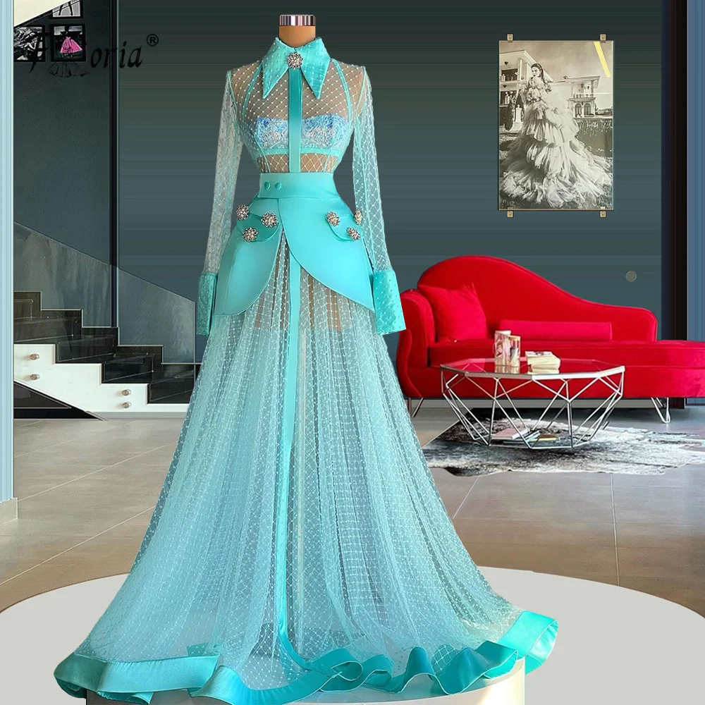 Light Blue Prom Dresses 2 Pieces Illusion Long Sleeve Beadings A Line Evening Dress Saudi Arabia High Neck Cocktail Party Gowns