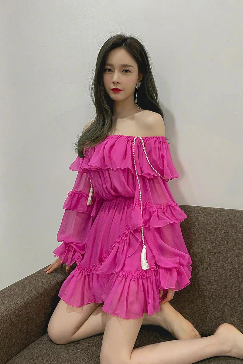 Kpop IU Seo Yea Ji Streetwear Sexy Ruffle Long Sleeve Strapless Dress Women Party Fashion High Waist Loose Backless Mini Dresses