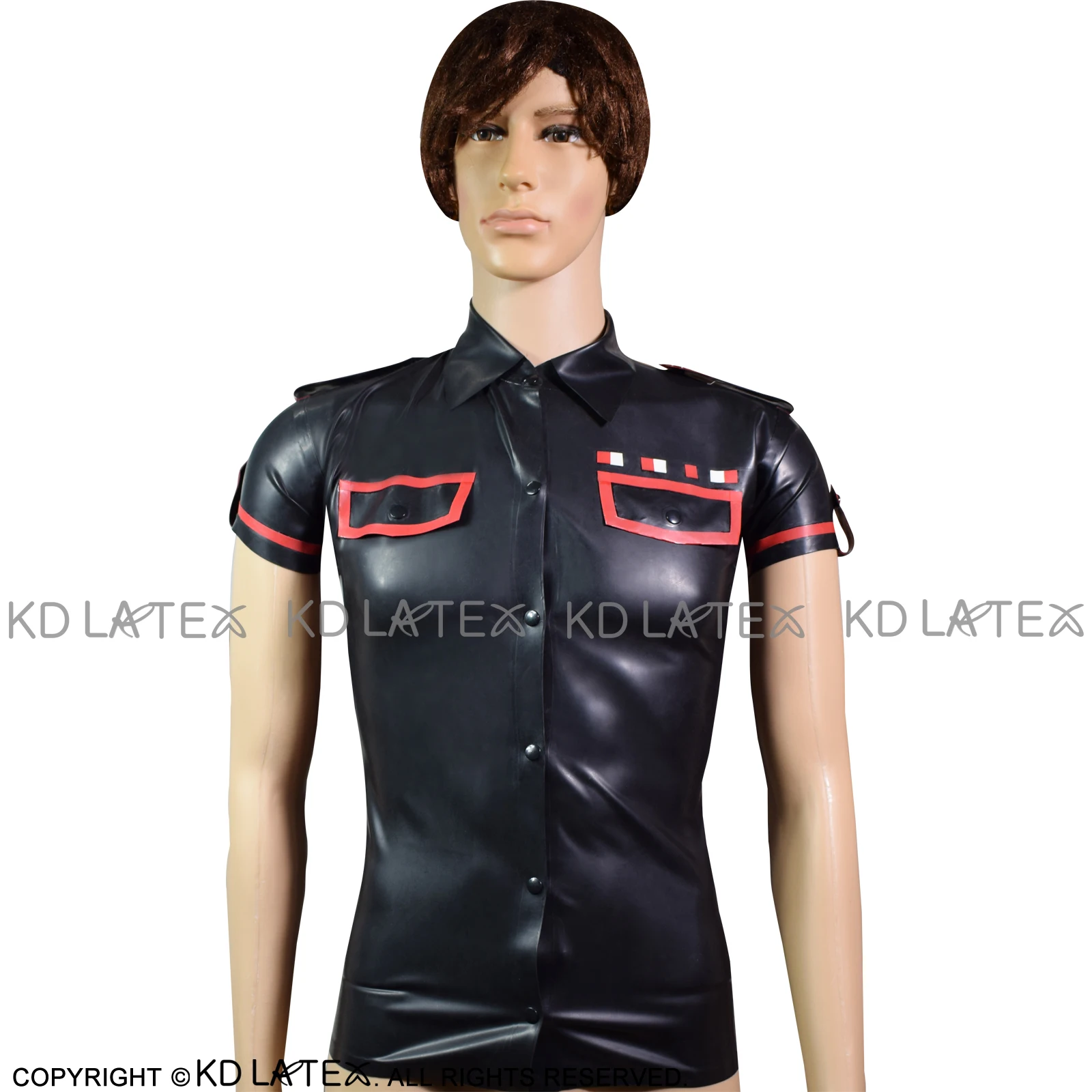 Sexy Military Latex Shirt With  Epaulets Pocket Flaps Short Sleeves Buttons At Front Rubber Blouse Clothes YF-0057