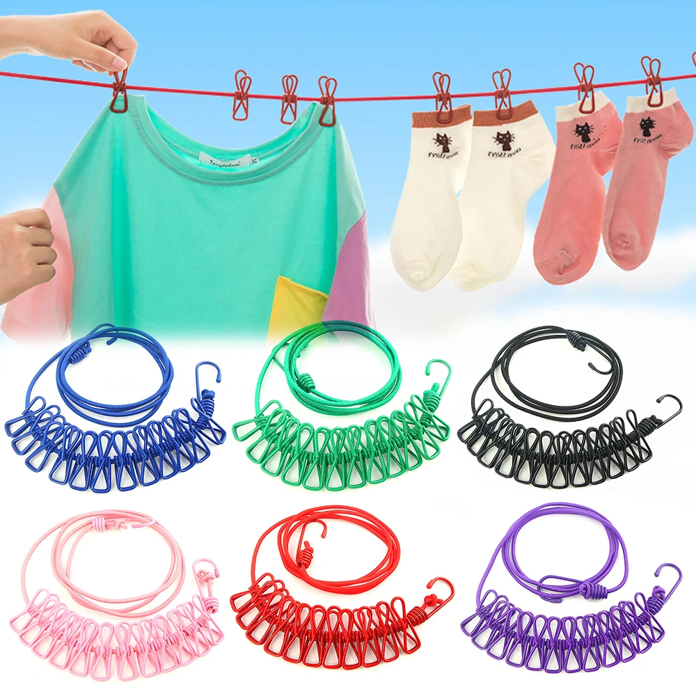 180cm Clotheslines with 12 Clips Multifunction Drying Rack Clothes Line & Cloth Hangers Steel Rope Pegs Portable Travel Supplies