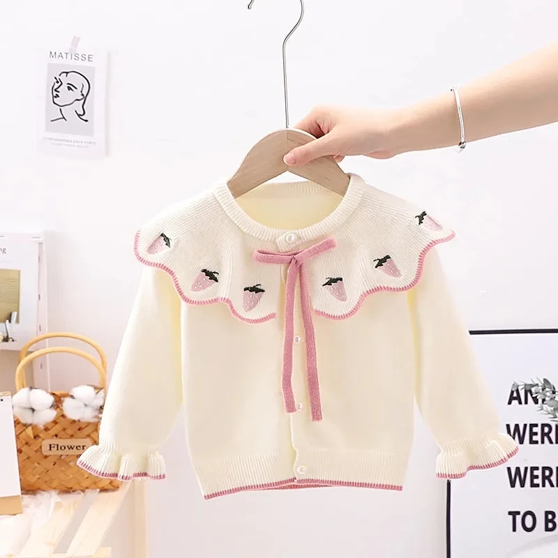 Autumn Girls Knit Cardigan Jacket Strawberry Lapel Children Girls Baby Sweater Infant Jacket Princess Sweater