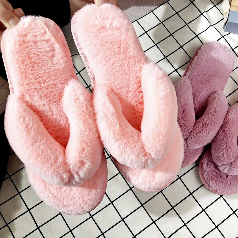 Flip Flops Women Winter Home Slippers Fluffy Plush Slipper Warm Cotton Indoor Floor Non-slip Soft Comfortable Sweat Flat Shoes