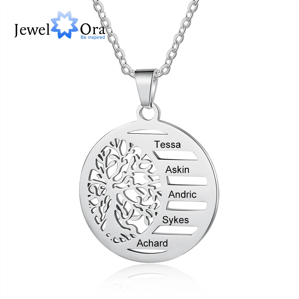 JewelOra Personalized Family Tree of Life Pendant Necklace Custom Name Engraving Stainless Steel Jewelry Christmas Gift for Mom