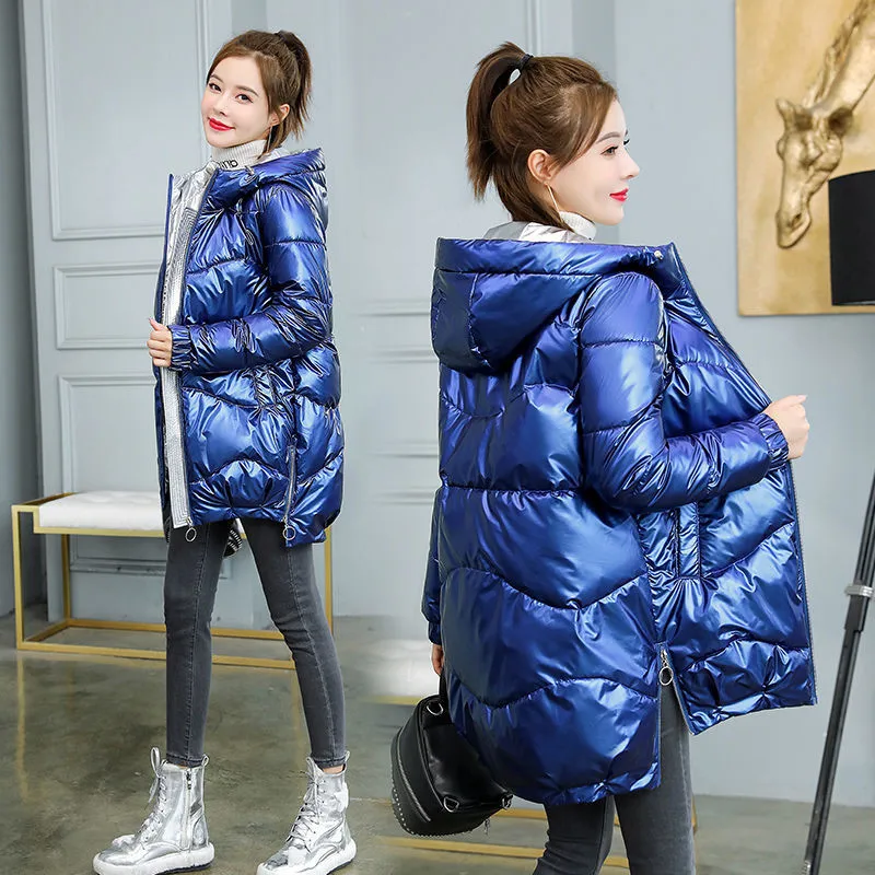 2023 New Winter Jacket Parkas Women Glossy Down Cotton Jacket Hooded Parka Warm Female Cotton Padded Jacket Casual Outwear P985