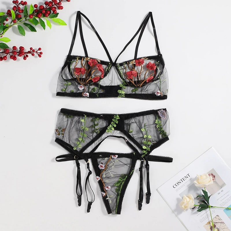 Sexy Women Hot Lingerie Lace Embroidery Floral Transparent Bra Panty Garter Belt Set Female Exotic Sexy Dress Night Sex Lenceria