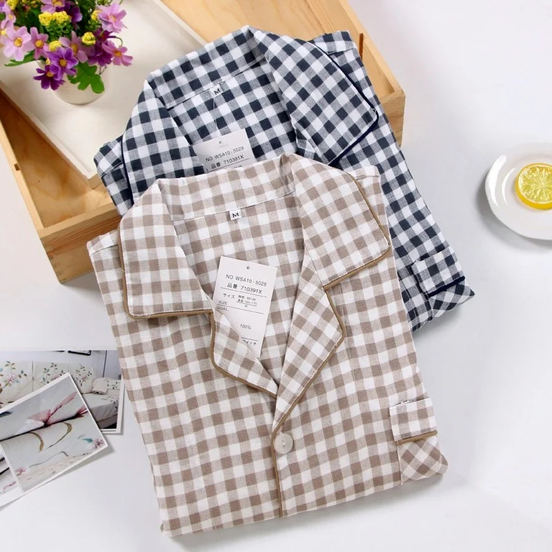 Special Price Men and Women Plaid Pijamas 100% Cotton Double-layer Gauze Long-sleeved Pajamas  Summer Couple Pyjamas Sleepwear