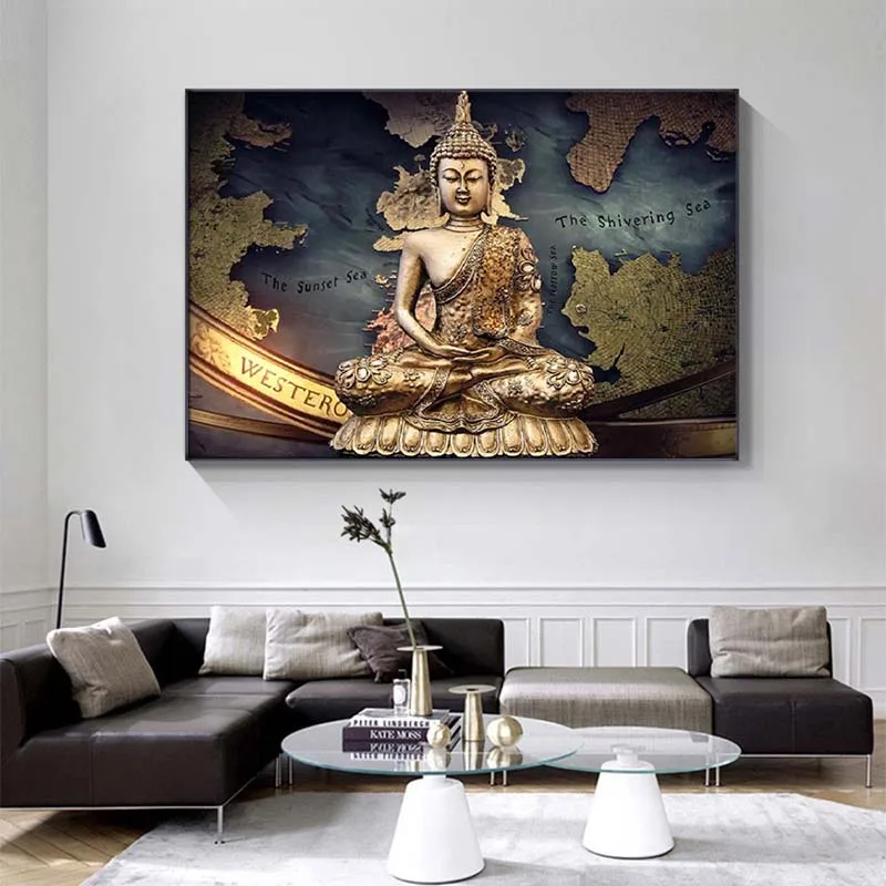 Golden Buddha Posters and Prints Wall Art Canvas Painting Buddhist Mood Pictures for Living Room Home Buddha Decoration