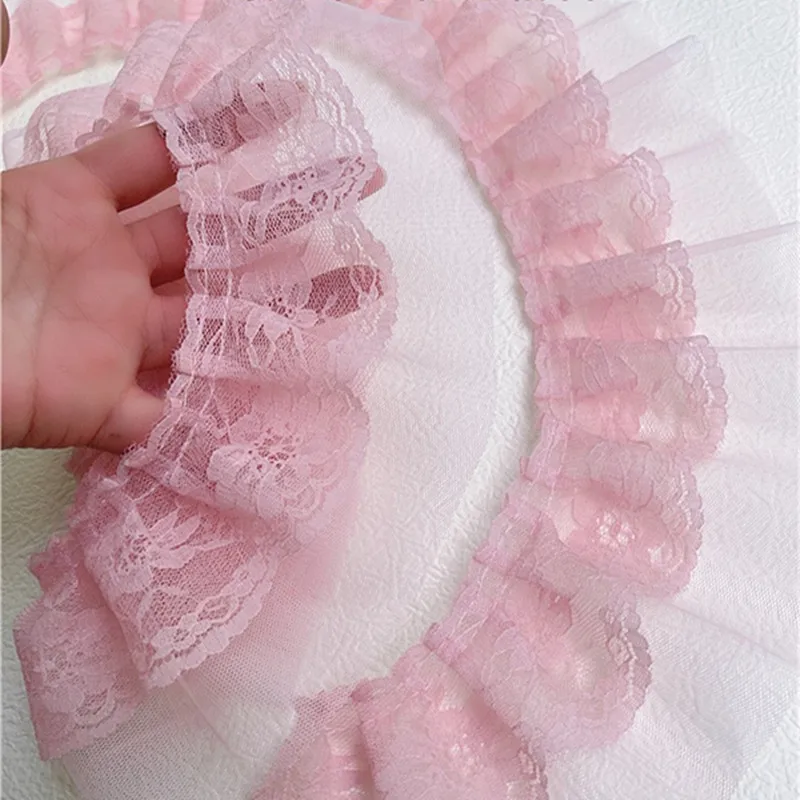 Double-layer Dark Pink Pleated Fashion Clothing Lace Fabric DIY Skirt Cuffs Collar Fluffy Sewing Accessories Curtain Decoration