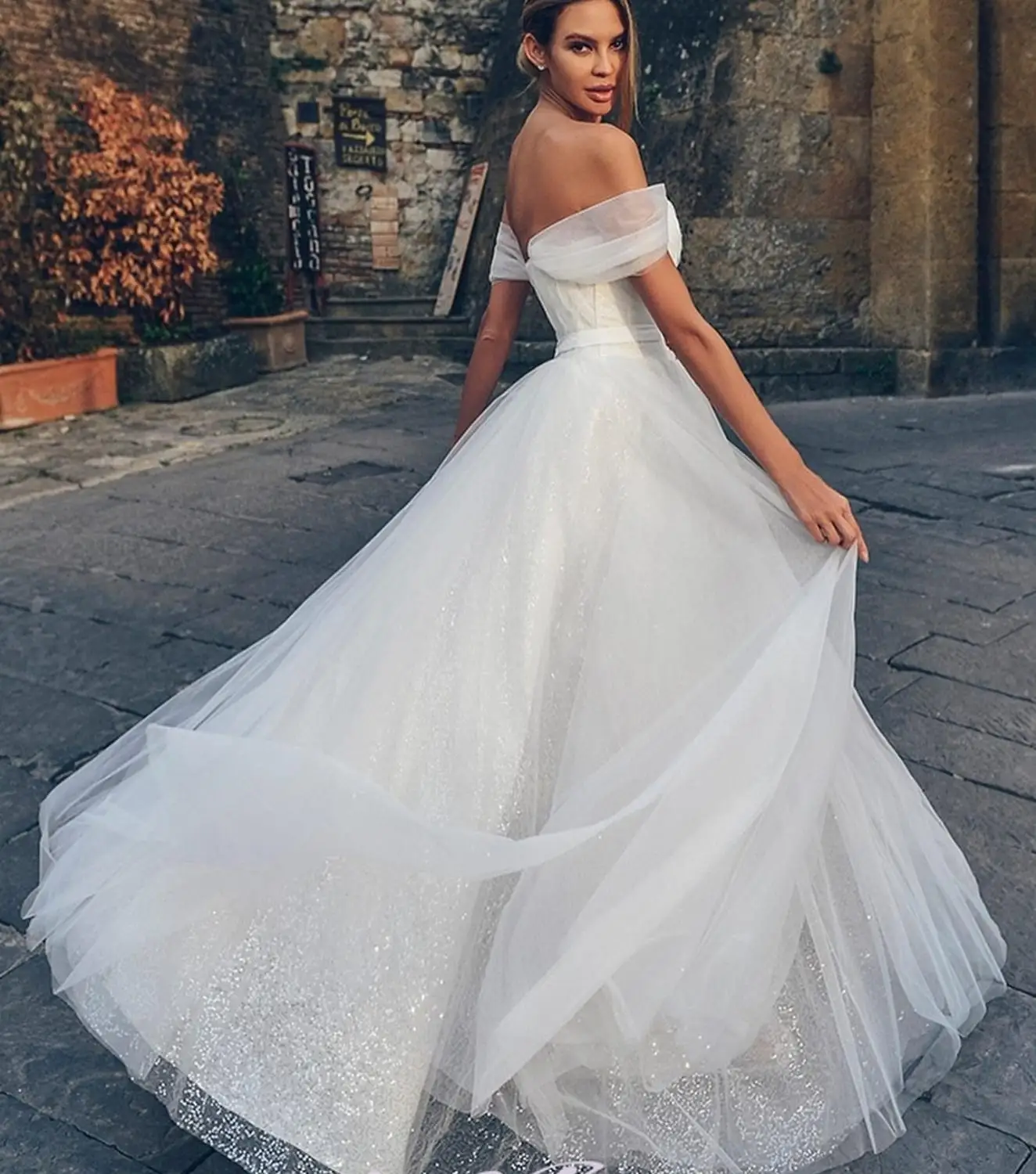 Robe De mariée ligne a avec ceinture, épaules dénudées, en Tulle brillant, pour femmes