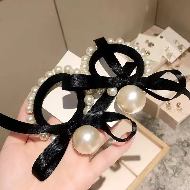 Hair rope with pearls Korean fashion small incense wind rubber band female tie head net red ins black ribbon hair rope hair ring