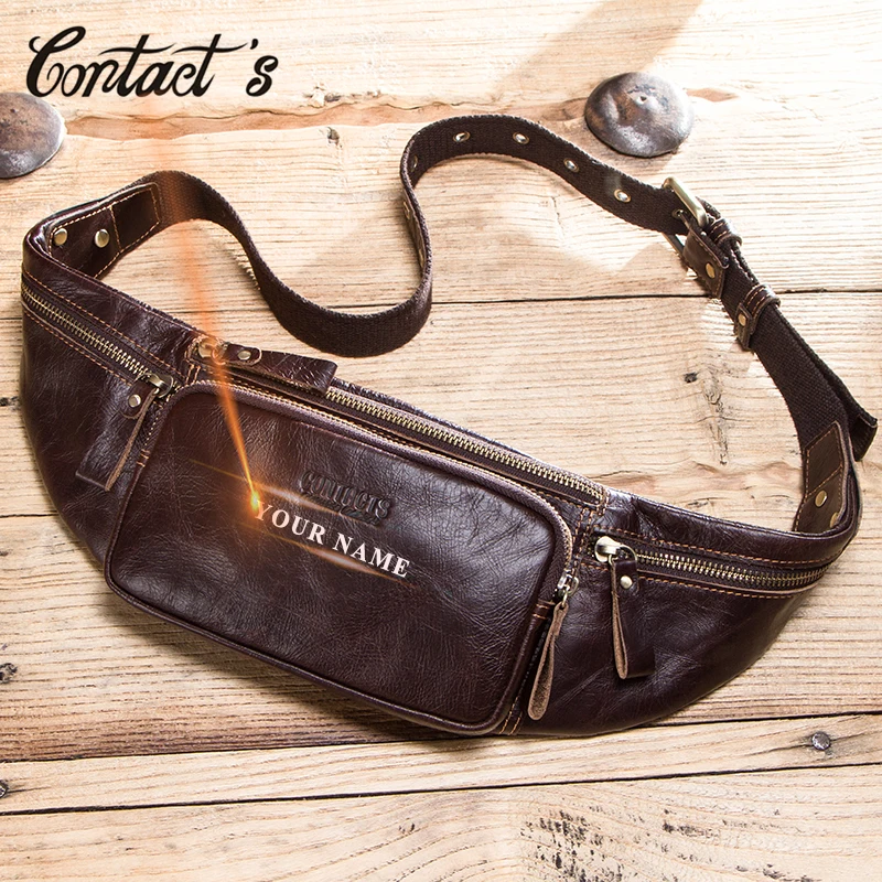 Contact's Genuine Leather Waist Packs Belt Bags Men Phone Pouch Bag Travel Waist bag Male Quality Handbags Cross bag fanny pack