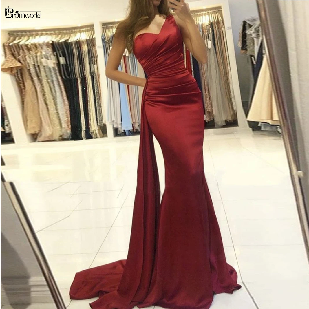 2021 One Shoulder Burgundy ชุดราตรียาวซาติน Mermaid อย่างเป็นทางการ Evening Gowns สำหรับผู้หญิง Vestido De Fiesta De Boda