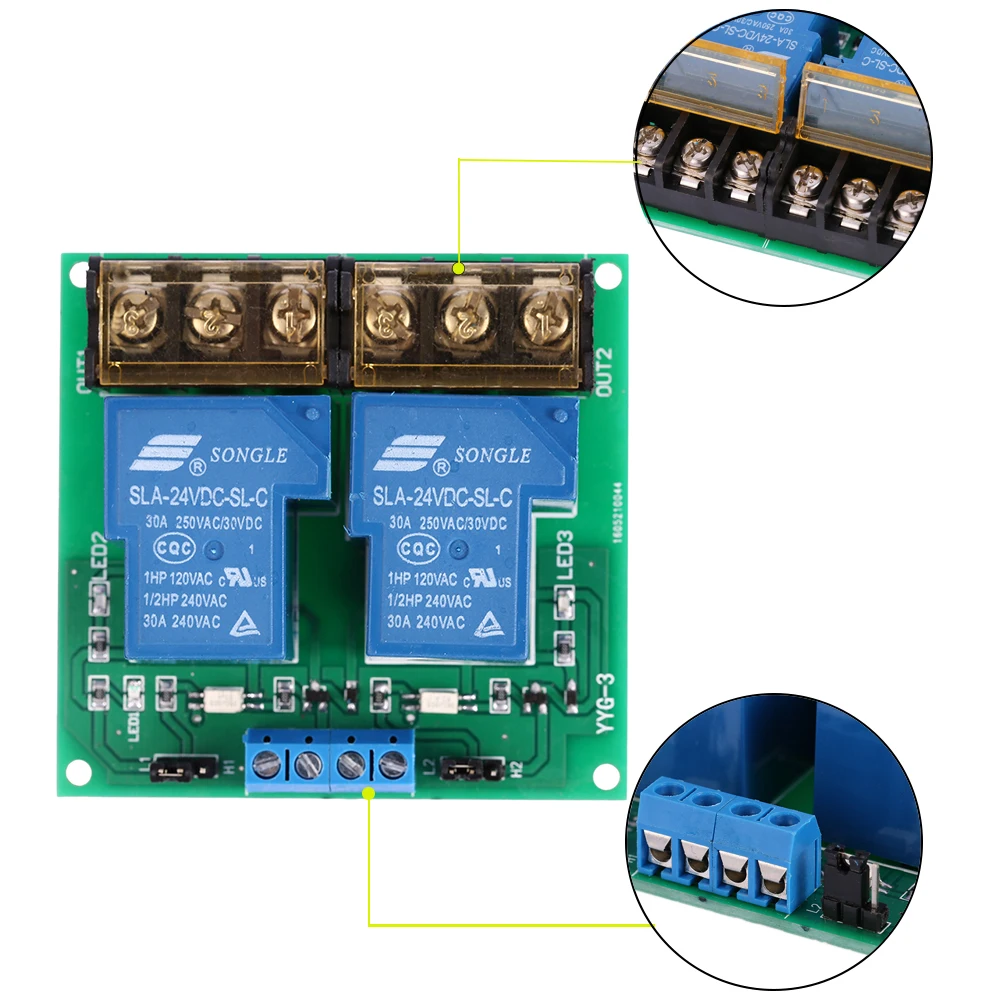 2 Channel Relay Module 12V 5V 24V Output Capacity Within DC 30V 30A or AC 250V 30A Optocoupler Isolation Relay Board Module