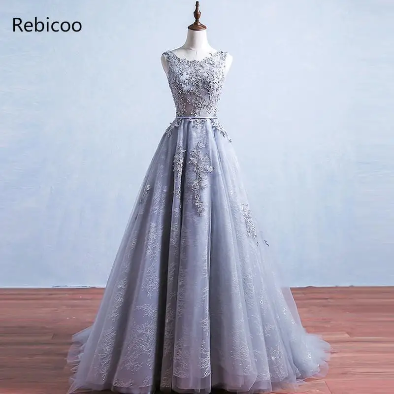 

Grey Lace Sequined Backless A Line Long night Dresses Embroidery Sleeveless Short Train Formal party Dress