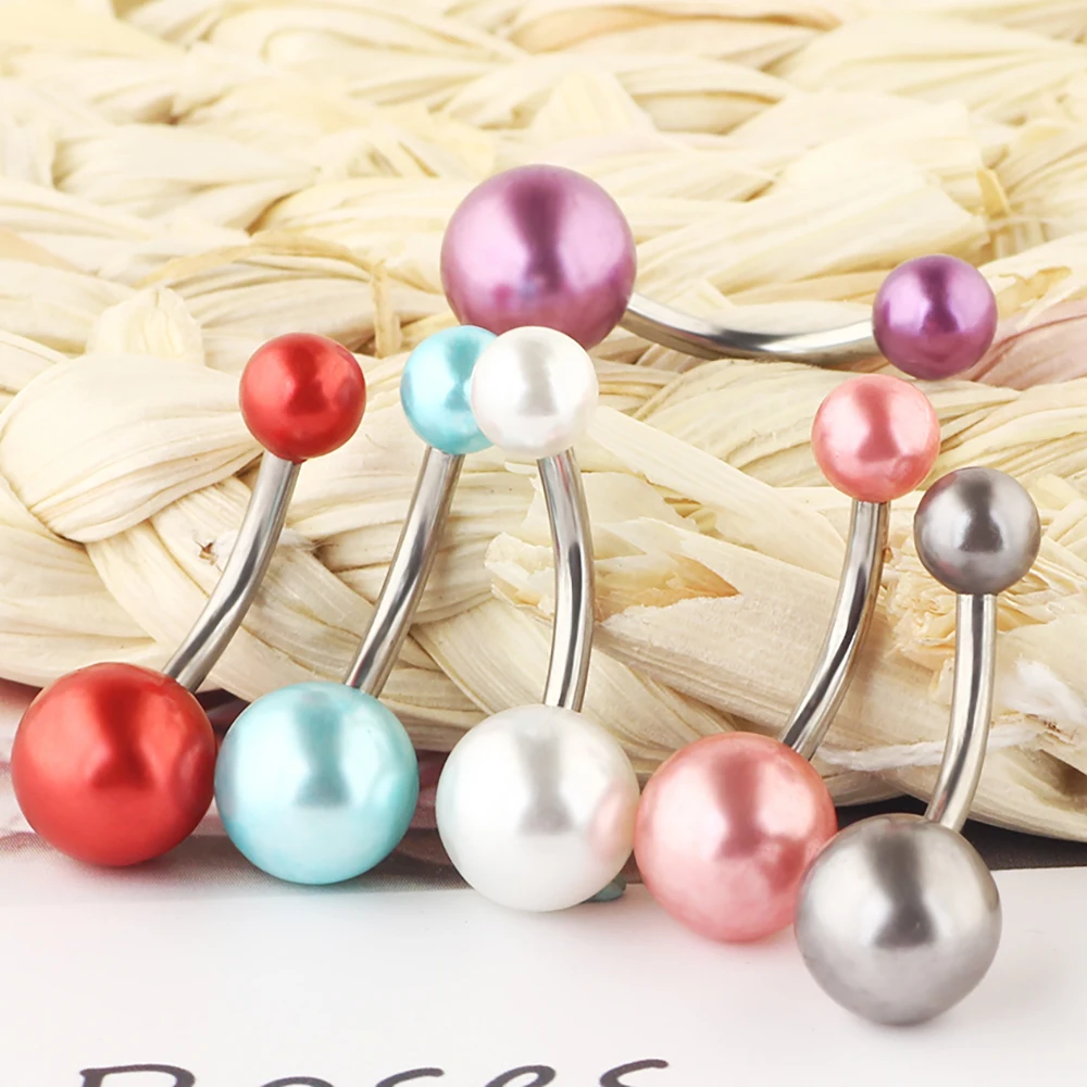 JUNLOWPY 14g Belly Button Rings Banana Barbells Steel Navel Barbell Pearl Ball Body Piercing Jewelry for Women Girls 200/600pcs