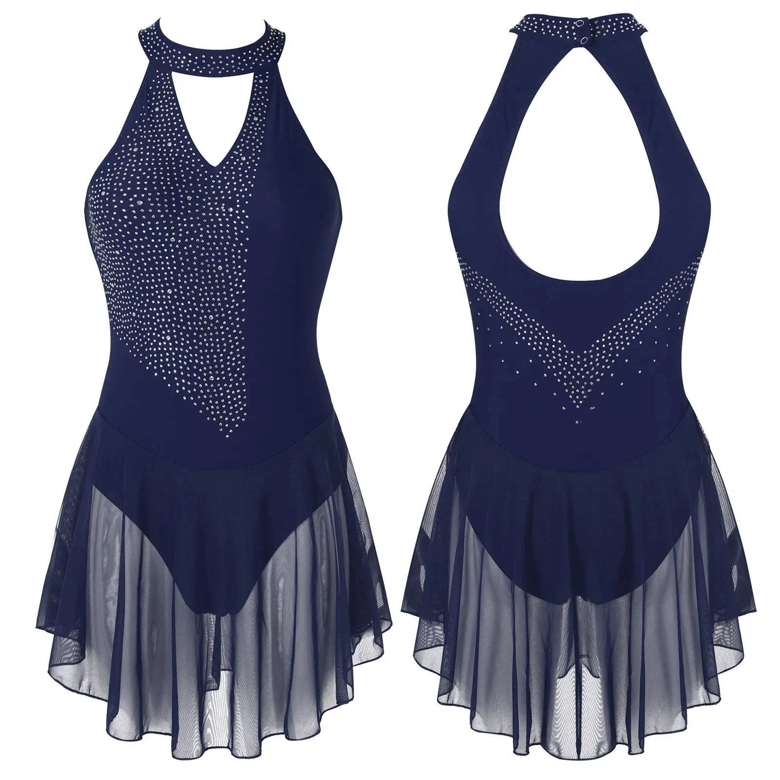 

Women Girls V Neck Backless Rhinestone Stage Dance Dress Figure Skating Skirted Leotard Gymnastics Dresses Ballerina Costumes