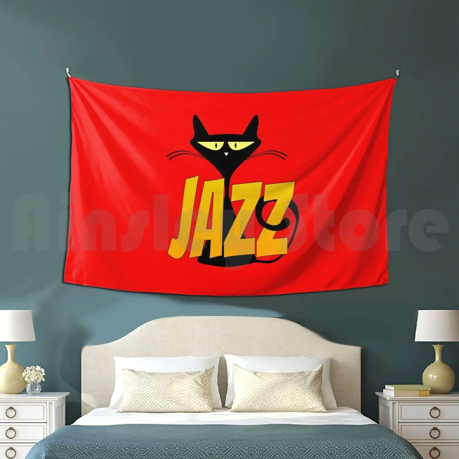 Jazz Black Cat Tapestry Living Room Bedroom Jazz Cat Music Cats Vintage Blues Kitten Musician Retro Kitty Band