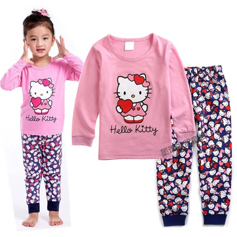 Hello Kitty Girls Spring and Autumn New Cotton Long-Sleeved Home Service Children\'s Cartoon T-shirt +Pants Pajamas Underwear Set