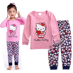 Hello Kitty Girls Spring and Autumn New Cotton Long-Sleeved Home Service Children's Cartoon T-shirt +Pants Pajamas Underwear Set