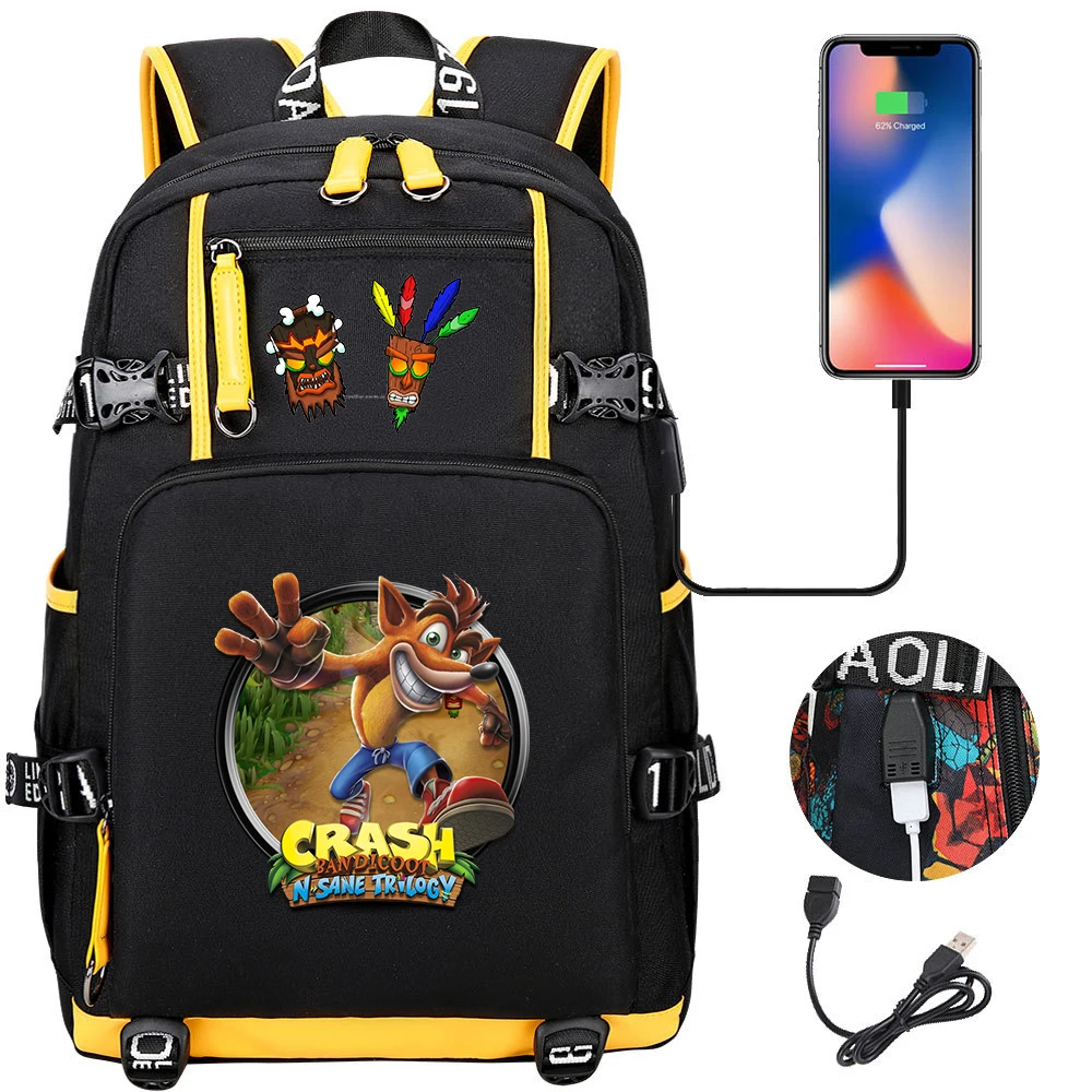 Spiel Crash Bandicoot Schule Rucksack Anime Rucksack Rucksack Reisetaschen Große Wasserdichte Multifunktions USB Lade Rucksack