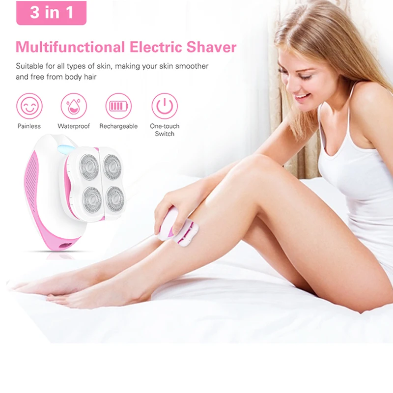 3 in 1 Electric Shaver for Women Painless Electric Razor with Facial Massager & Cleansing Brush Lady Body Epilator Hair Removal