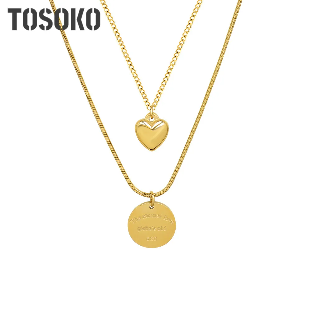 

TOSOKO Stainless Steel Jewelry Round Peach Heart Love Pendant 18 K Golden Double Layer Necklace For Women BSP1106