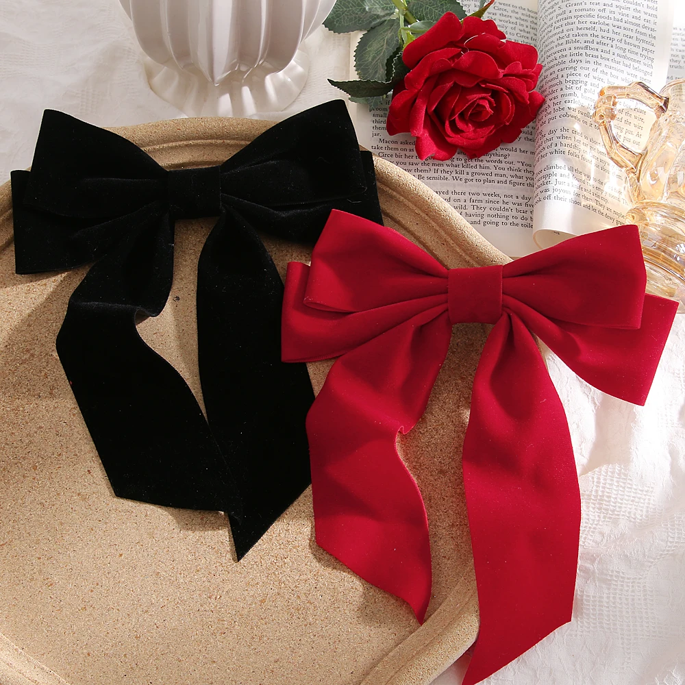 FNIO Fashion Black Big Large Velvet Bow Hair Clip For Women Girls Wedding Long Ribbon Korean Hairpins Barrette Hair Accessories