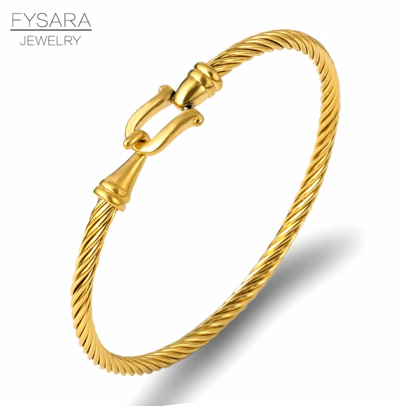 FYSARA Trendy Charm Cuff Bracelets Bangles for Women Gold Color 316L Stainless Steel Wire Thin Bangles Jewelry