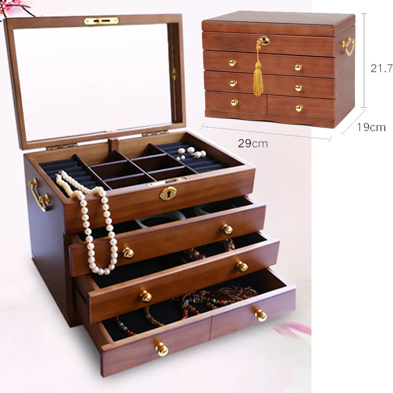 2021 New 4Layer Solid Wood Jewelry Box With Lock Retro Flannel Wooden Storage Box Earring Gift Box