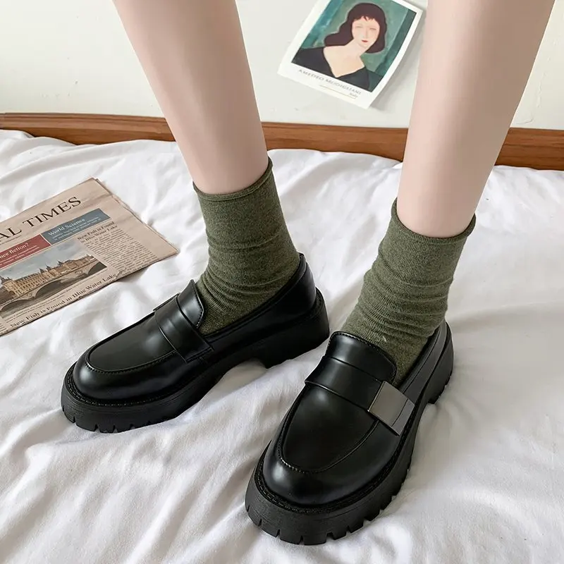 Women's Solid Black PU Leather Lok Fu Shoes 2021 New Leisure Women's Flat Shoes Round Toe Thick Toe Round Muffin Large Size