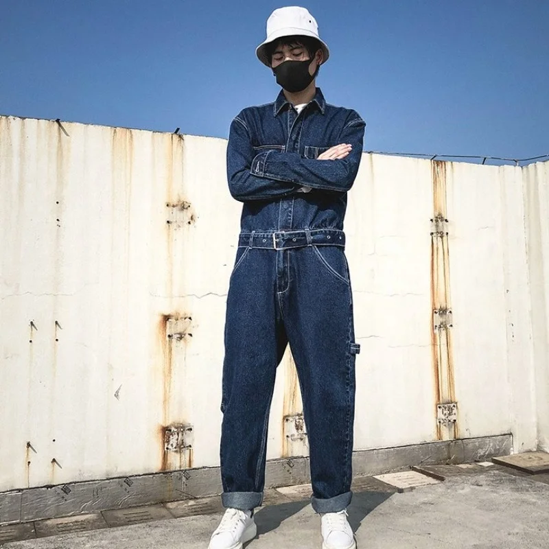 Vintage Men Denim Jumpsuits Autumn Winter New Multi-Pockets Straight Cargo Trousers High Street Loose Hip Hop Overalls M-XL