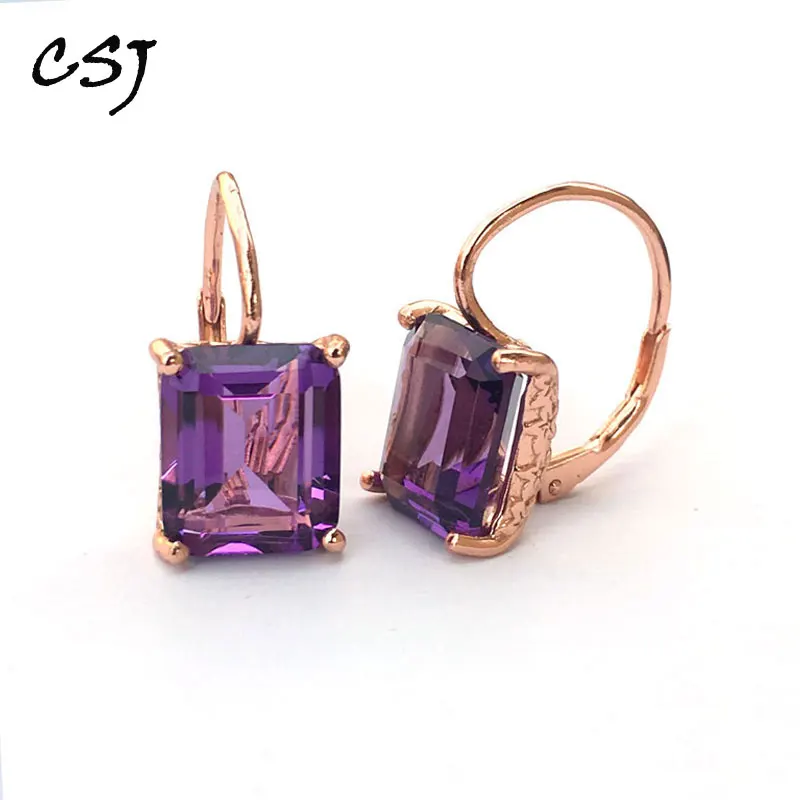 

CSJ Natural Amethyst gemstone Earring Sterling 925 Silver oct 9*11mm Fine Jewelry For Women Lady or mother engagement gift