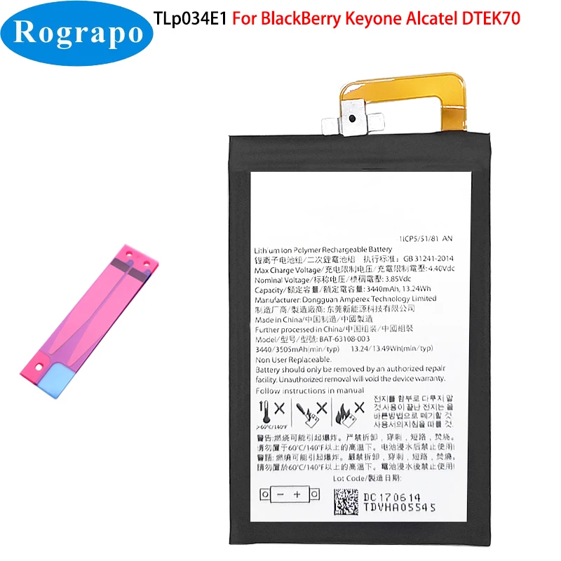 

New 3505mAh Original BAT-63108-003 TLp034E1 Mobile Phone Battery For BlackBerry Keyone Alcatel DTEK70 Accumulator