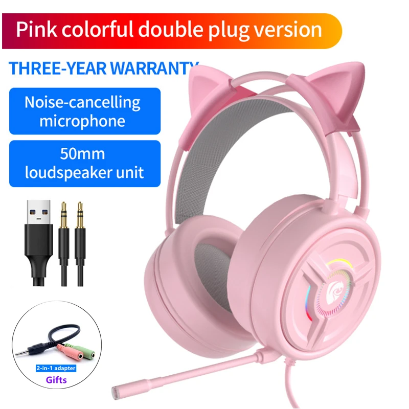มาใหม่ล่าสุด LED Cat หู Headphone Gaming ชุดหูฟังสีชมพู7.1สเตอริโอที่ถอดออกได้ Cat Ear ชุดหูฟังพร้อมไมโครโฟน