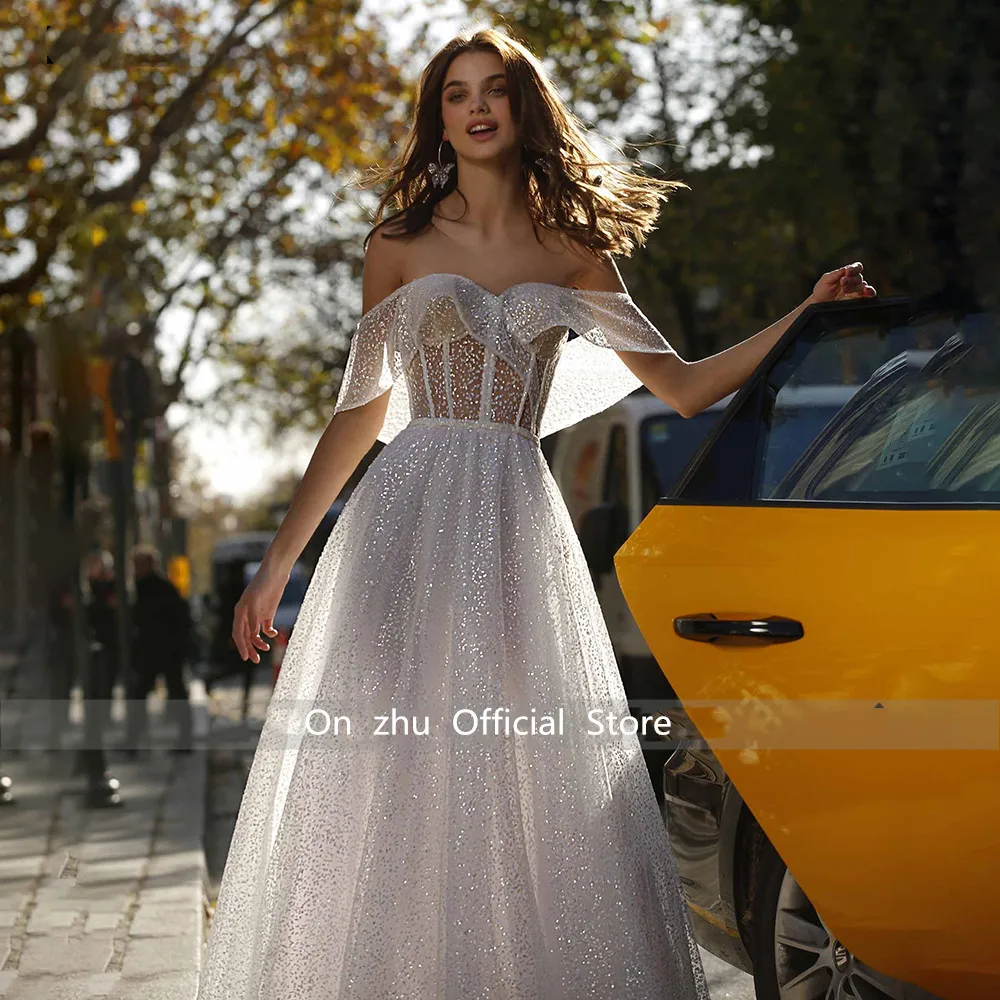 Glitter Tulle Beach Wedding Sweetheartปิดไหล่A-Lineชุดเจ้าสาวยาวBacklessชุดเจ้าสาวPlusขนาด