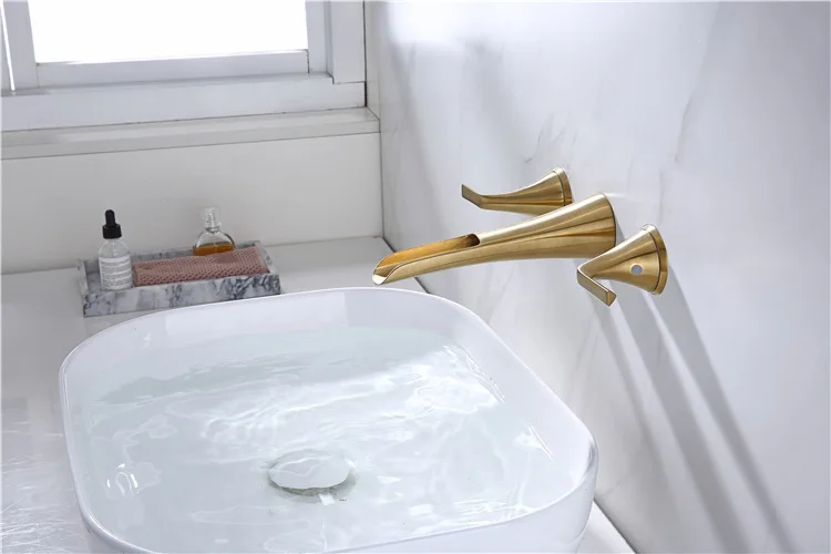 Free ship Luxury Wall Mounted Waterfall Bathroom lavatory washbasin sink Faucet Brushed Gold Tap New