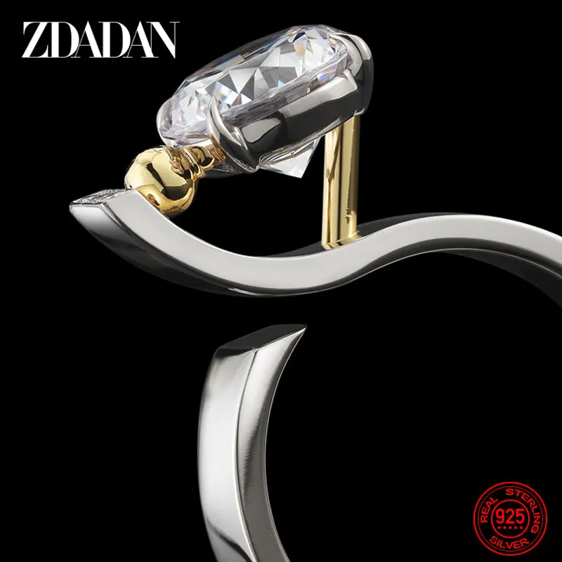 ZDADAN 925 Sterling Silver Clear Zircon Adjustable Finger Ring For Women Wedding Jewelry Gift