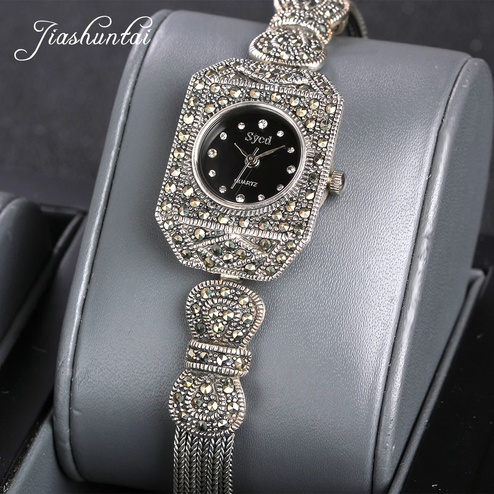 ZHJIASHUN Vintage 100% Silver 925 Watch For Women Retro 925 Sterling Silver Clock Female Bracelets Watch Jewelry