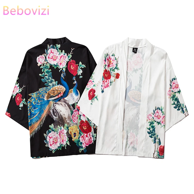 

2020 New INS Peacock Print Harajuku Kimono Cosplay Japanese Fashion Male and Women Cardigan Blouse Top Haori Obi Asian Clothes