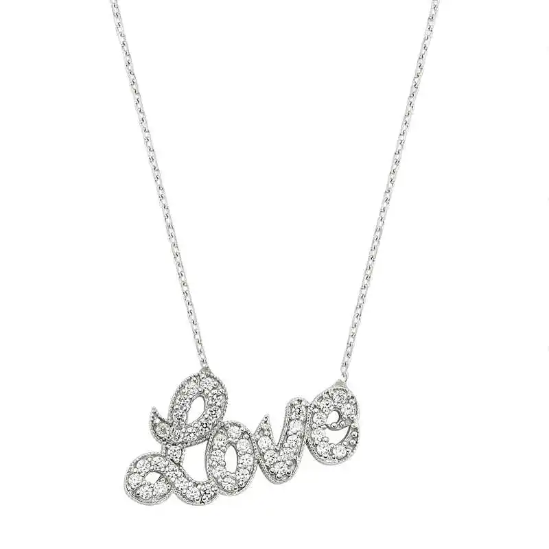 Silver Love Printed Lady Necklace Zircon Stone 925 Sterling Women Fine Jewelry Wedding Party Birthday Gift - Jeweled - Box - Pendant - Chain Choker - Female - Ladies - Fashion