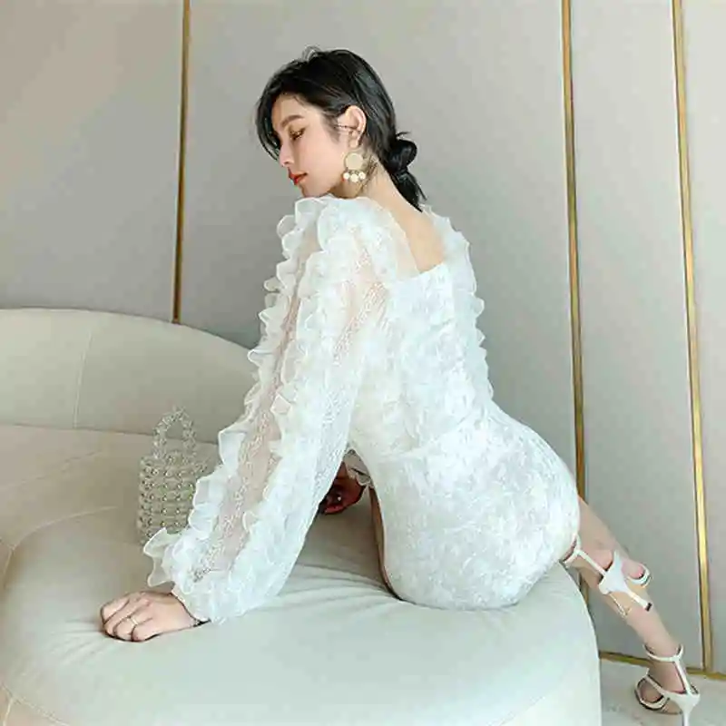 Korean New Style Popular Lace Bubble Long-Sleeved Pleated Lace Embellished Retro Dreamy Temperament Sexy High Waist Swimsuit