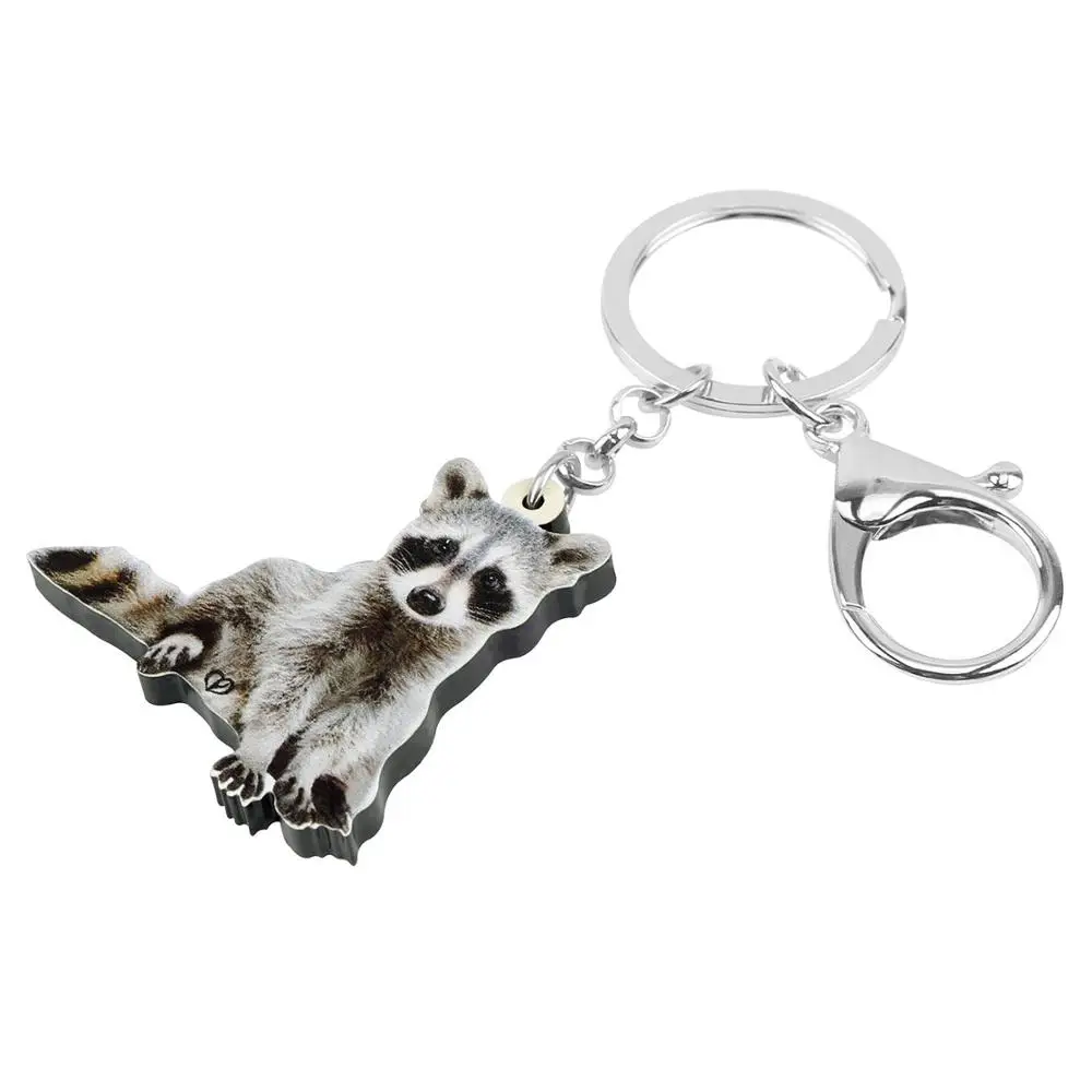 Bonsny Acrylic Gray Raccoon Keychains Printing Animal Key Ring Jewelry For Women Kids Friends Trendy Gift CarDecoration Charms