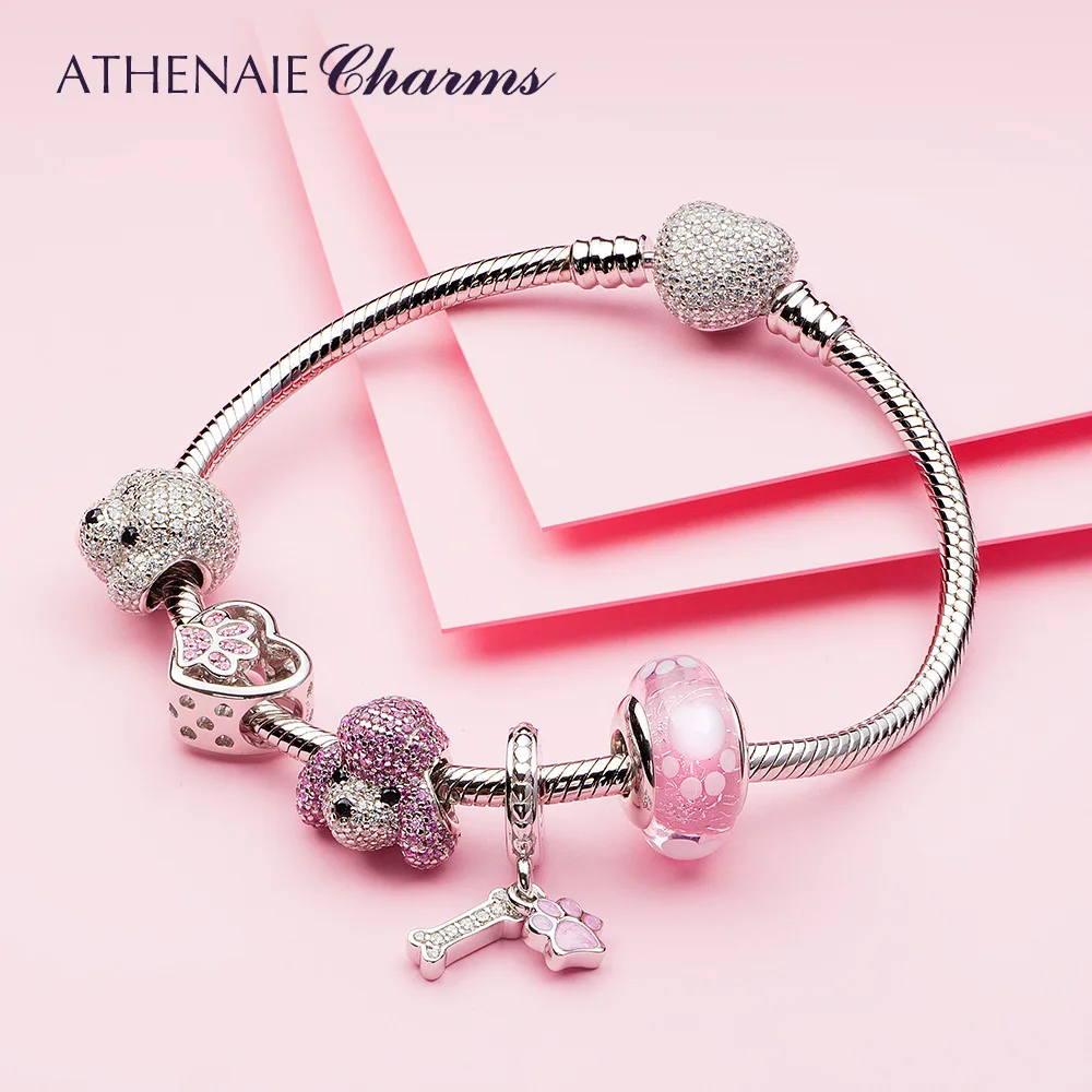 ATHENAIE 925 Sterling Silver Sparkling CZ Lovely Pet Paw Prints Heart Charms for European Bracelet Necklace Jewelry