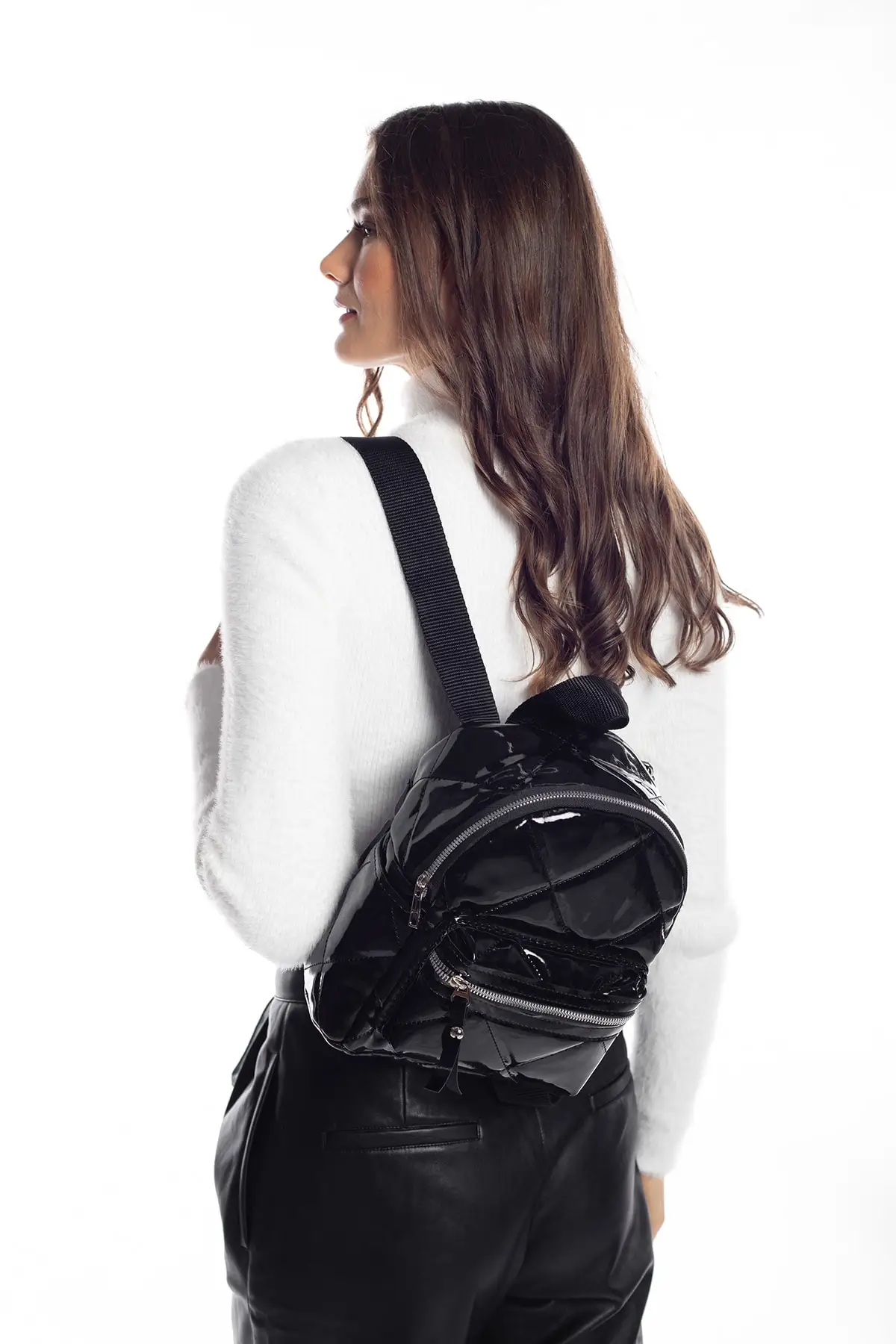 Zwart Gelakte Lederen Vrouwen Rugzak