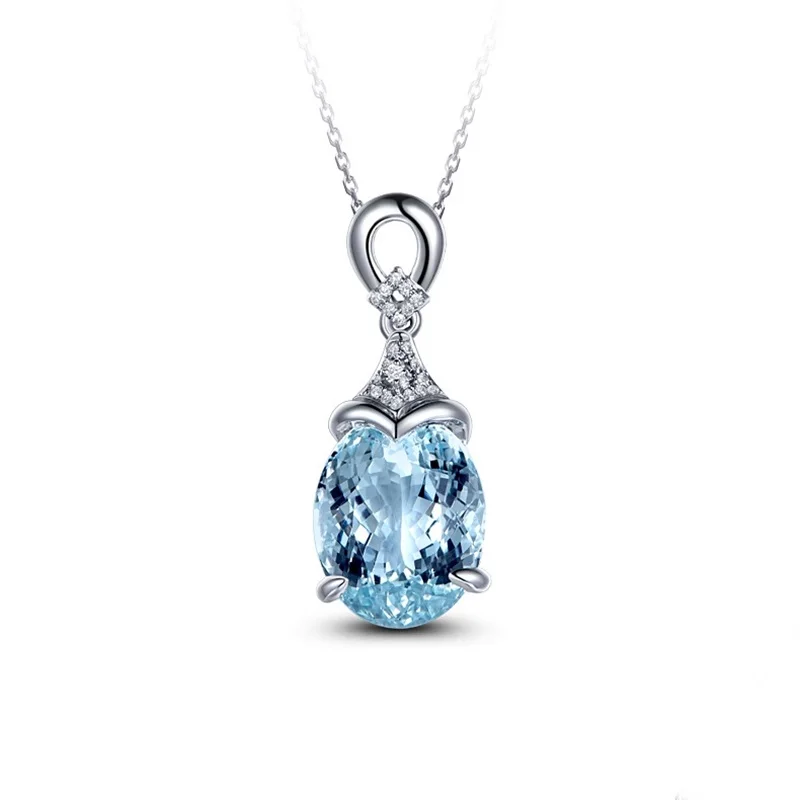 OMHXZJ Wholesale European Fashion Woman Girl Party Wedding Gift Water Drop Blue Zircon 925 Sterling Silver Pendant Necklace NA53