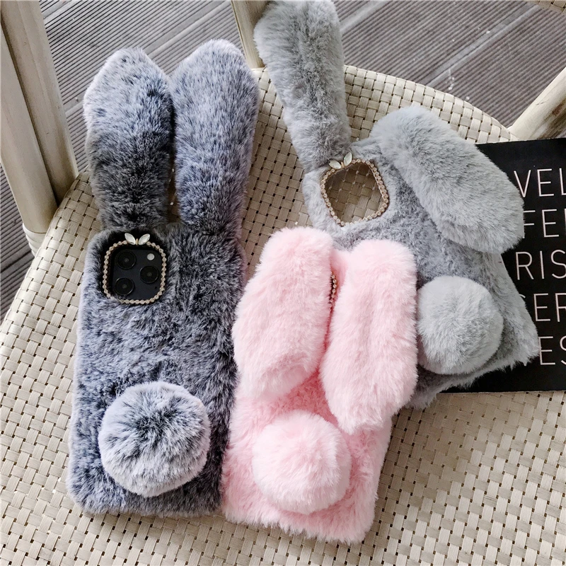 Soft Plush Phone Case For iPhone 15 14 13 12 11 Pro Max 12 mini iPhone 6 6s 7 8 Plus 3D Furry Rabbit Bunny Warm Fur Hair Cover